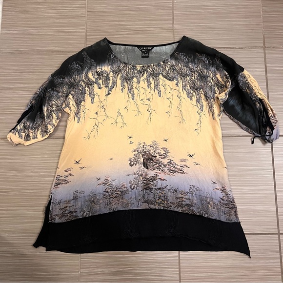 Citron Santa Monica Silk Blouse flower Asian inspired print fabric tunic - Picture 8 of 10